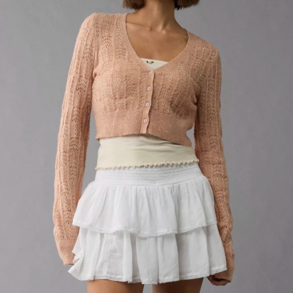 AMERICAN EAGLE AEO AE Wispy Knit Cropped Cardigan Peachy Pink ish Button Sweater